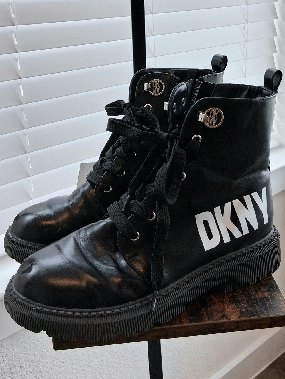 DKNY Black Lace-Up Combat Boots with White Logo